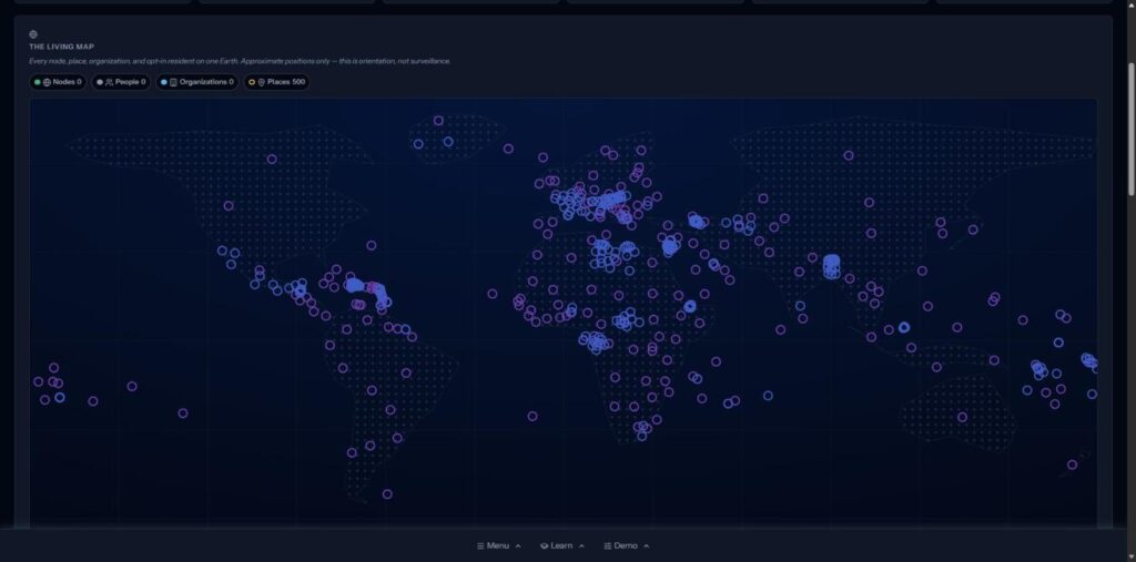 The living map in the Atlas of the World of Statecraft demo, plotting places across the whole Earth as approximate points