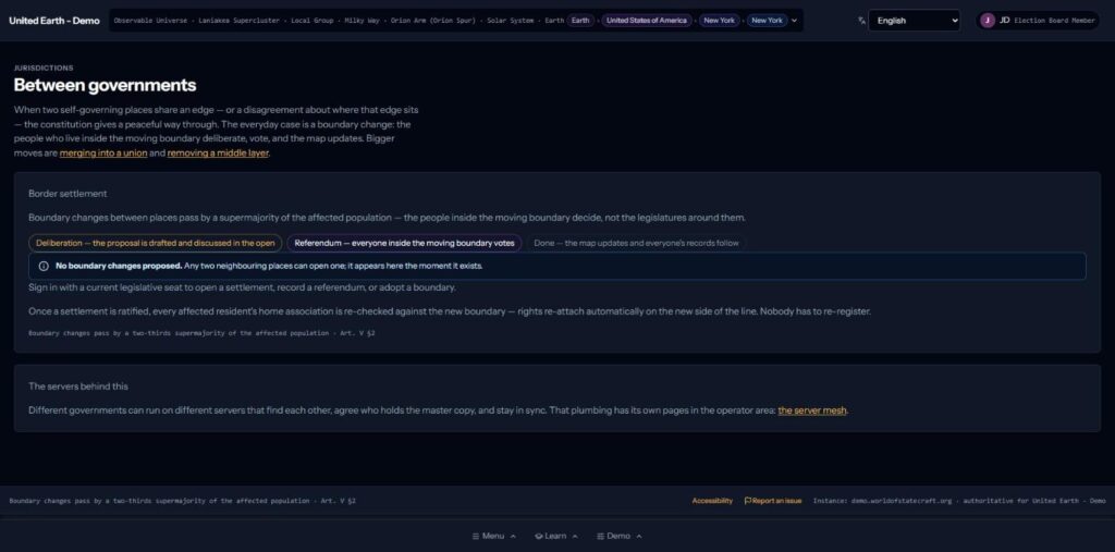 The between governments page in the World of Statecraft demo describing how a boundary change passes by a supermajority of the affected population