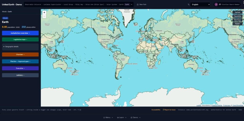 Jurisdiction map of Earth in the World of Statecraft demo with 8.0 billion people and 232 member places, and links to its chamber, election, executive, and judiciary