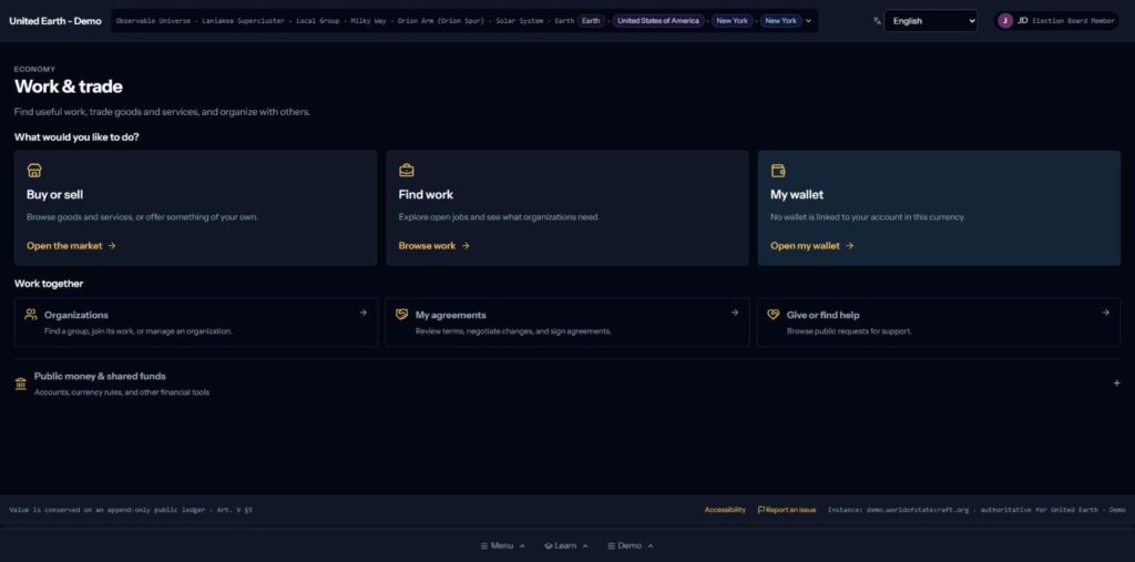 The work and trade page in the World of Statecraft demo with the market, work, wallet, organizations, agreements, mutual help, and public money