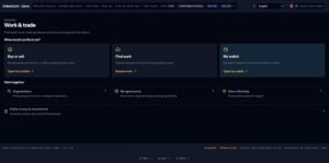 The work and trade page in the World of Statecraft demo with the market, work, wallet, organizations, agreements, mutual help, and public money