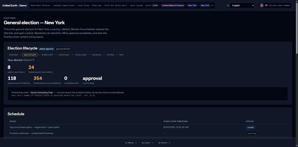 General election page in the World of Statecraft demo showing the life cycle from approval through finalist cutoff, ranked voting, tabulation, and certification, with seats and finalist places