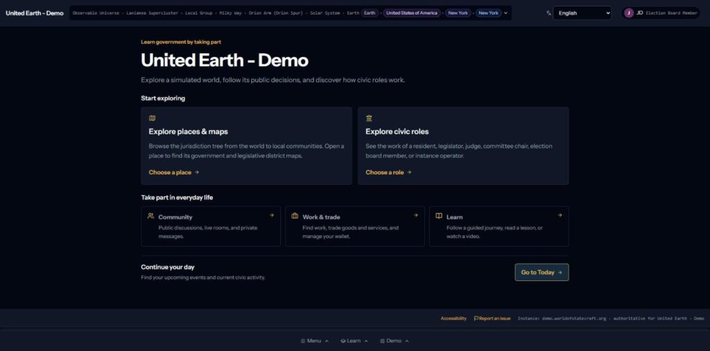 The launchpad of the World of Statecraft demo with entry points to places and maps, civic roles, community, work and trade, and learning