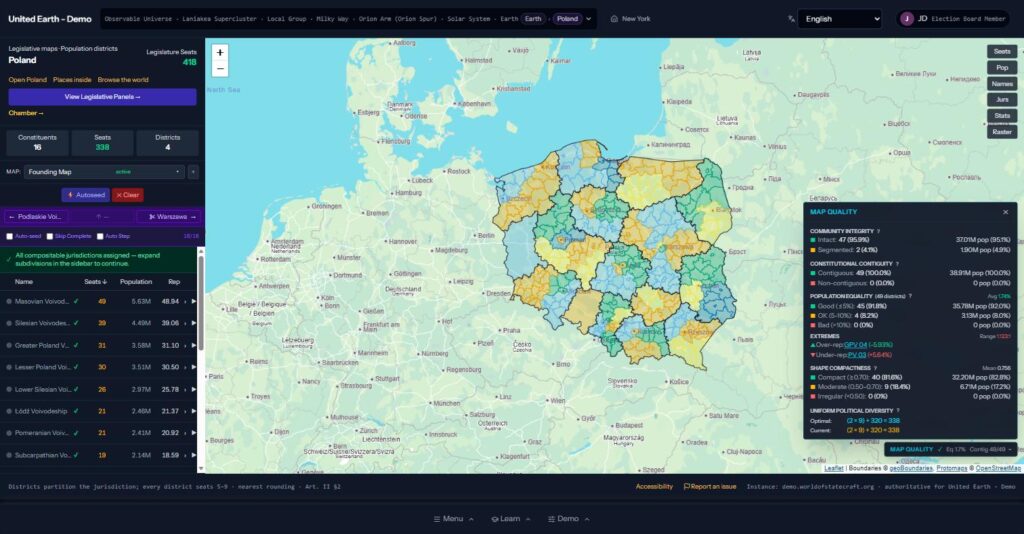 District map of Poland in the World of Statecraft demo with the Map Quality panel open, showing community integrity, contiguity, population equality, shape compactness, and political diversity scores