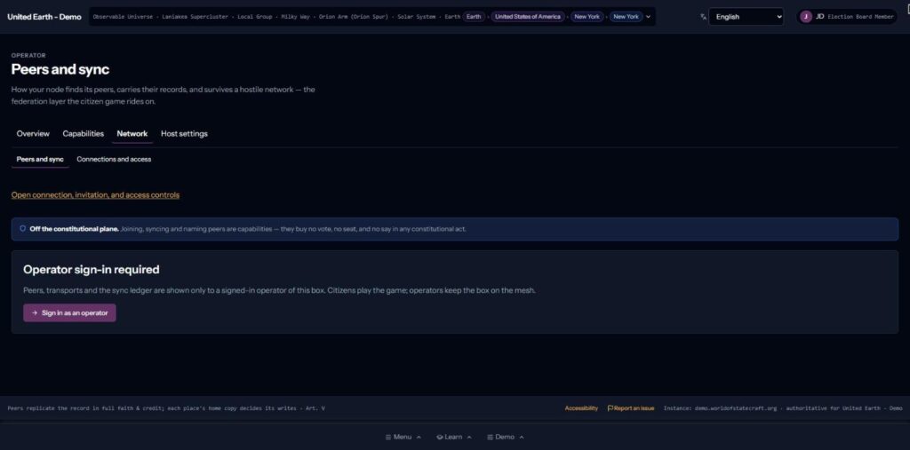 Operator peers and sync page in the World of Statecraft demo stating that joining and syncing peers are capabilities that buy no vote, no seat, and no say in any constitutional act