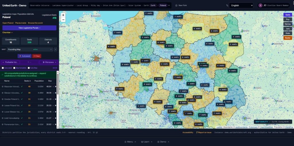 District map of Poland in the World of Statecraft demo with each district labeled between five and nine seats over the WorldPop population layer