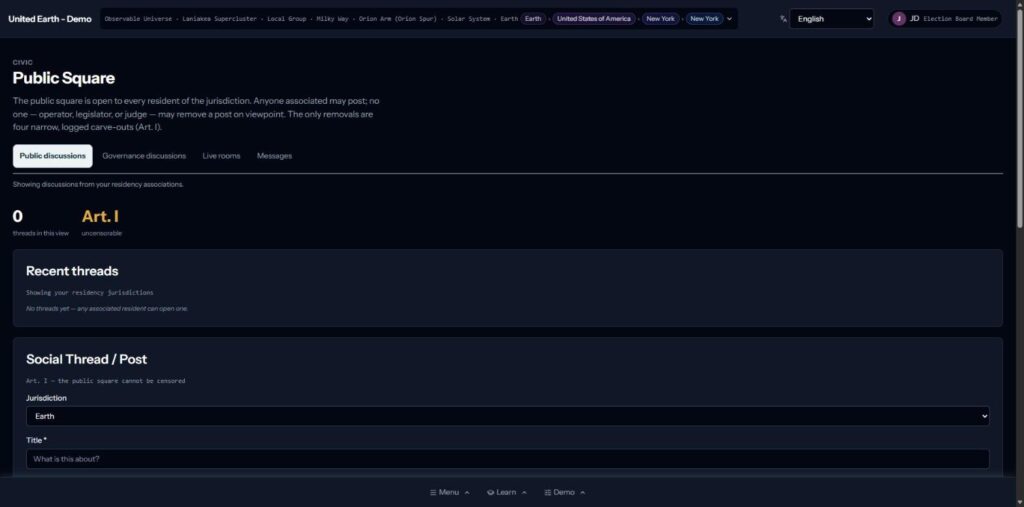 The public square in the World of Statecraft demo, stating that no operator, legislator, or judge may remove a post for its viewpoint